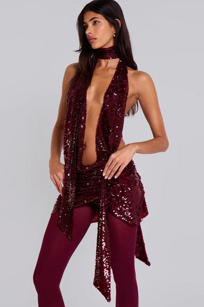Sequin Halter Deep V Backless Bodycon Sequin Dress
