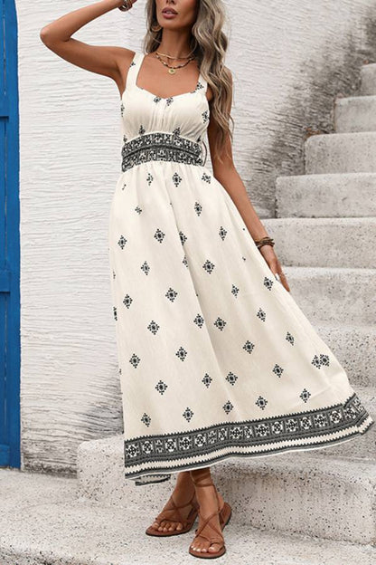 Ethnic Print Sleeveless Cinched Waist Tiered Maxi Dress