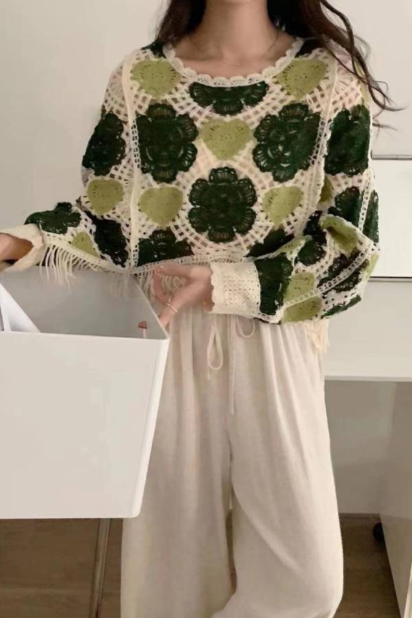 Color-blocked crochet openwork tassel cover-up