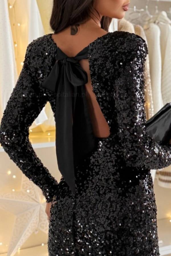 Sequined backless bodycon dress with tie-up straps.