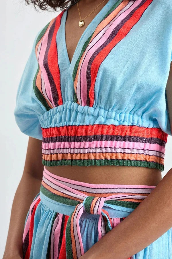 Stylish Striped Print V-neck Cropped Top and Elastic Waist Casual Maxi Skirt Set