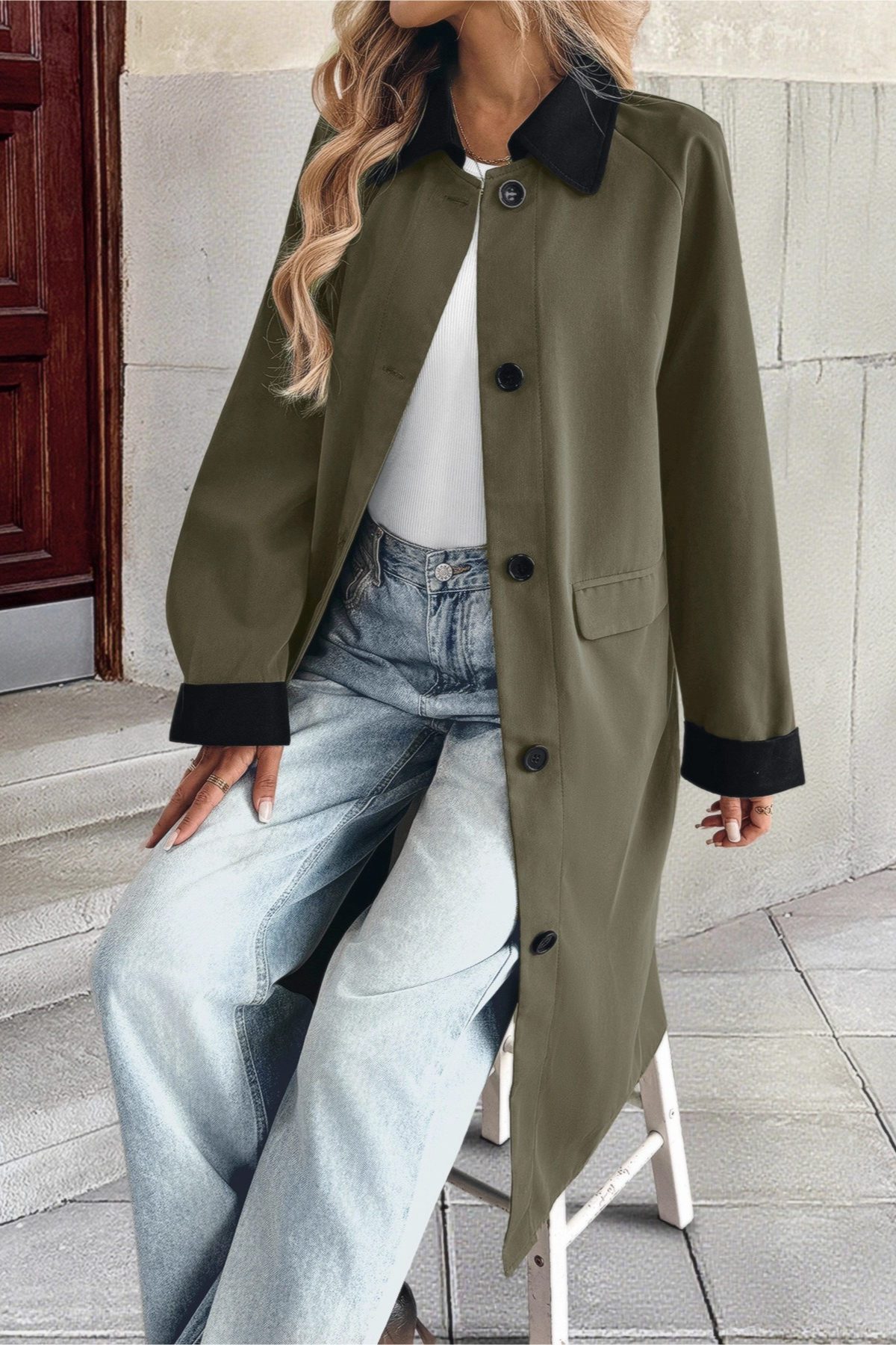 Lapel Color Block Single Breasted Long Office Casual Overcoat