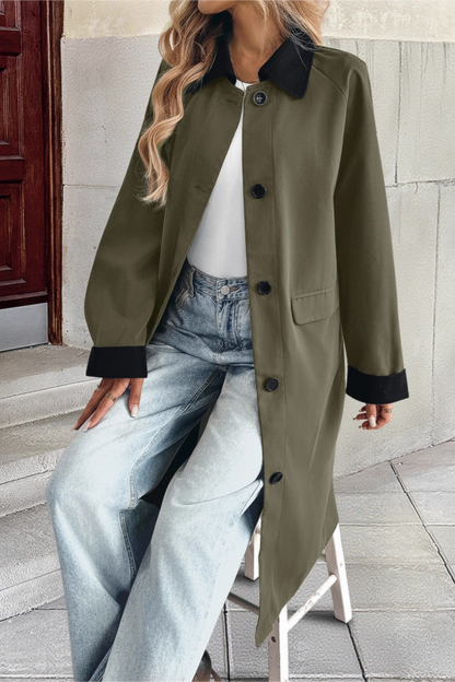 Lapel Color Block Single Breasted Long Office Casual Overcoat