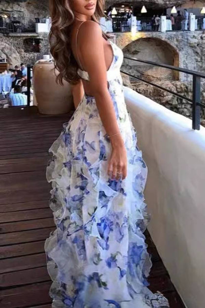 Spaghetti Strap Floral Print Tiered Slit Maxi Dress