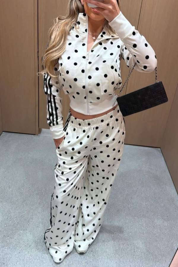 Polka Dot Stripe Stand Collar Zip‑Up Tracksuit Two‑Piece Set