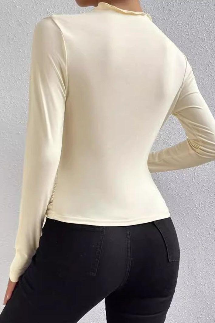 Solid Ruched Slim Fit Long Sleeve Tee