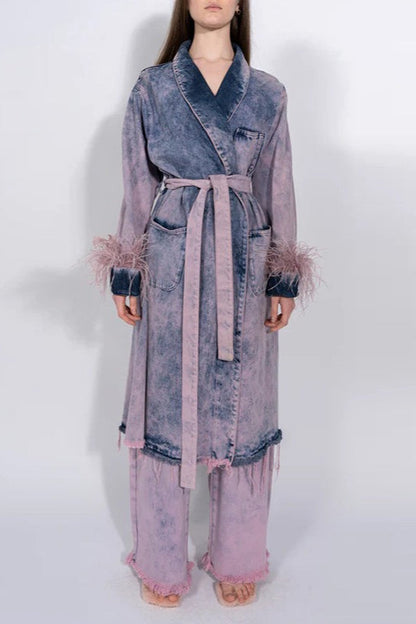 Denim Ostrich Feather Trim Belted Overcoat