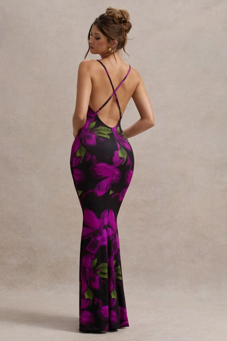 Printed Crisscross Strap Backless Slim Floral Dress