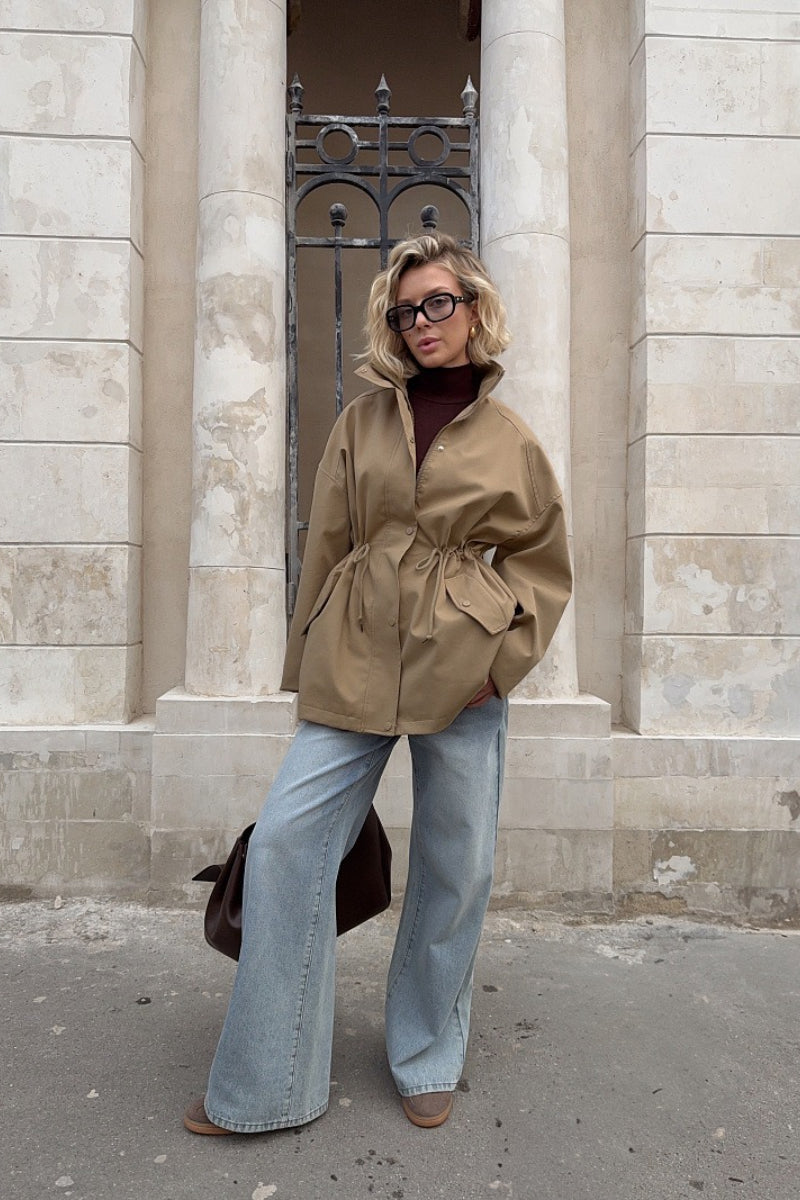Drawstring Waist Trench Style Coat