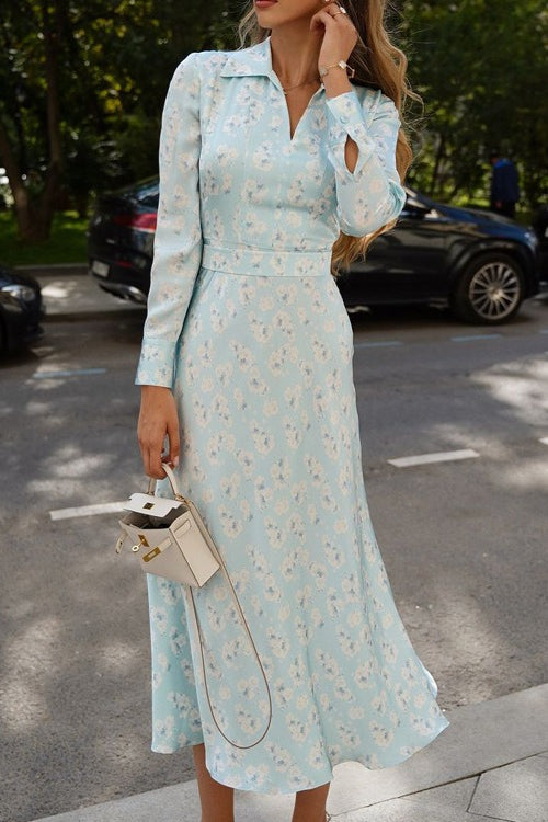 Satin Floral Collar Long Sleeve Floral Dress
