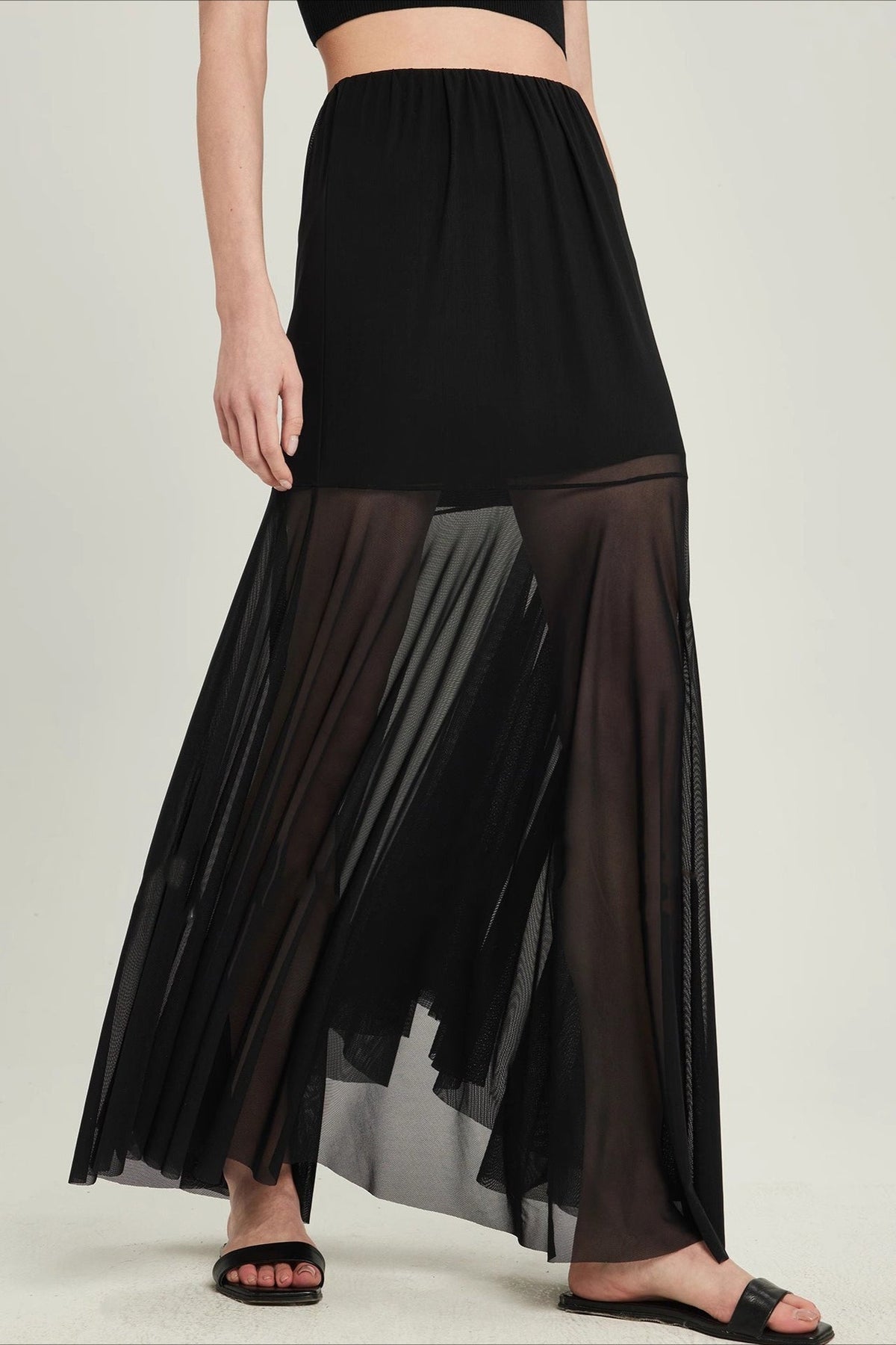 High Waist Tiered Mesh Insert Asymmetrical Skirt