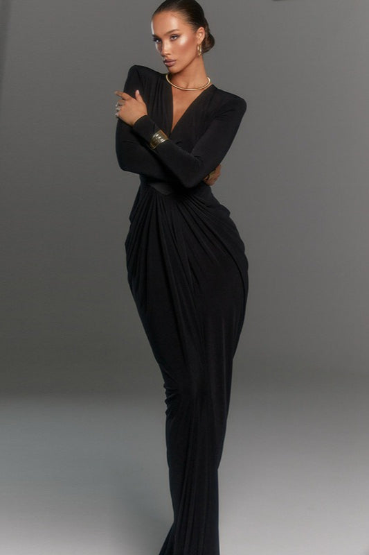 Deep V Padded Shoulder Long Sleeve High Slit Long Formal Dress