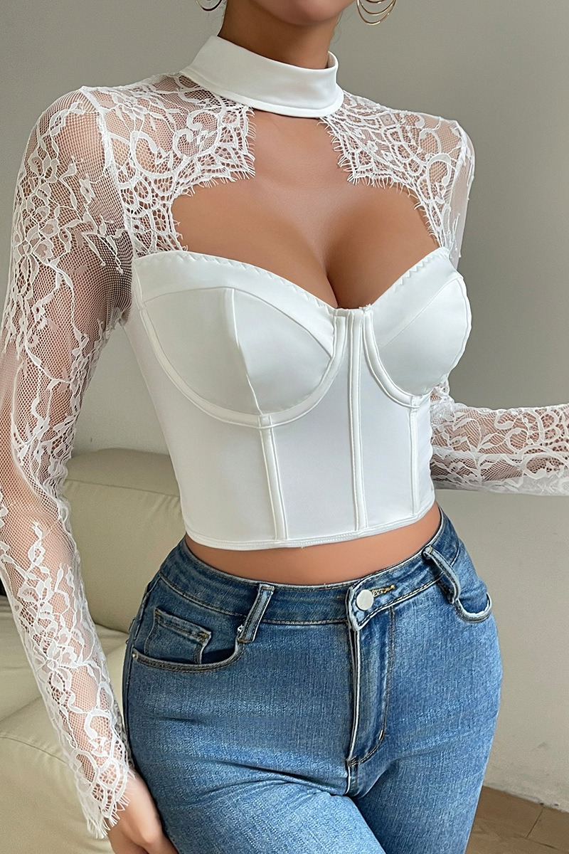 Slim Plunging Neck Lace Chic Long Sleeve Crop Top