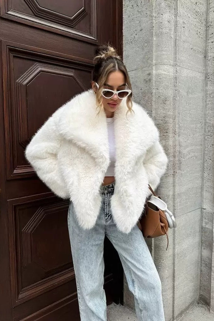 Eco Faux Fox Fur Notch Lapel Plush Coat