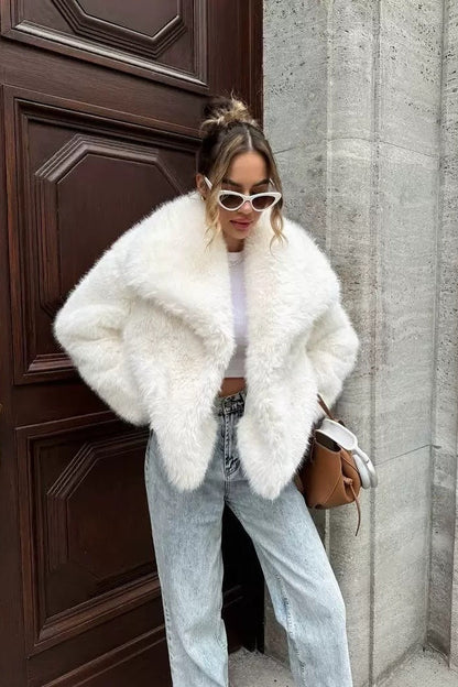 Eco Faux Fox Fur Notch Lapel Plush Coat