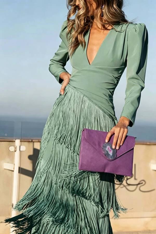 Elegant Night V-Neck Long Sleeve Layered Tassel Hem Maxi Dress