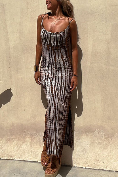 Tie Dye Print Crisscross Back Spaghetti Strap Bodycon Maxi Dress
