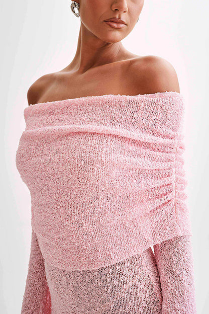 Off Shoulder Cowl Neck Long Sleeve Textured Knit Bodycon Mini Dress