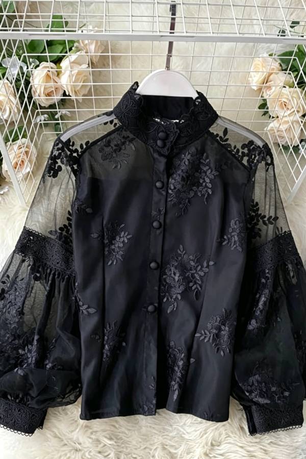 French Retro Mesh Embroidered Lace Stand Collar Puff Sleeve Blouse