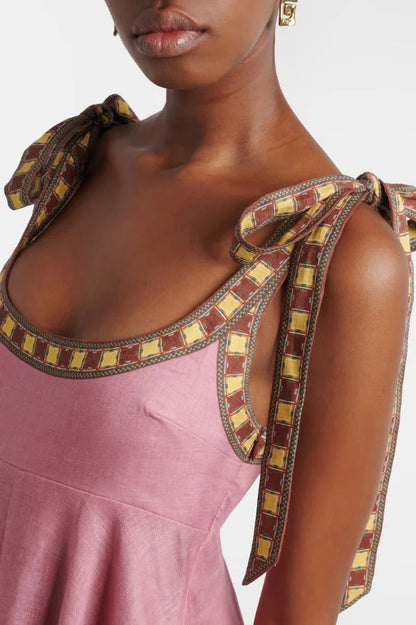 Linen Blend Unique Printed Tie-up Suspenders Pocket Elegant Vacation Maxi Dress