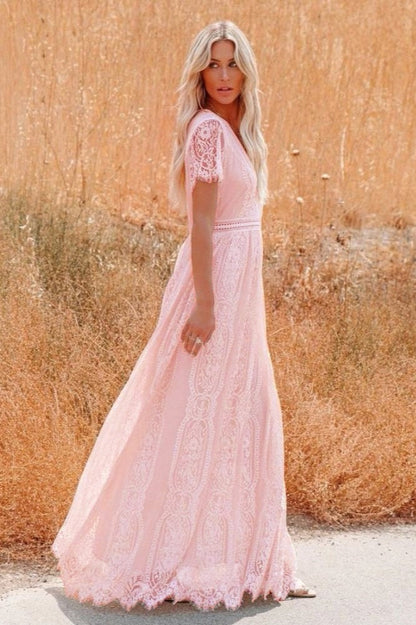 Lace V Neck Short Sleeve Hollow Out Boho Dress
