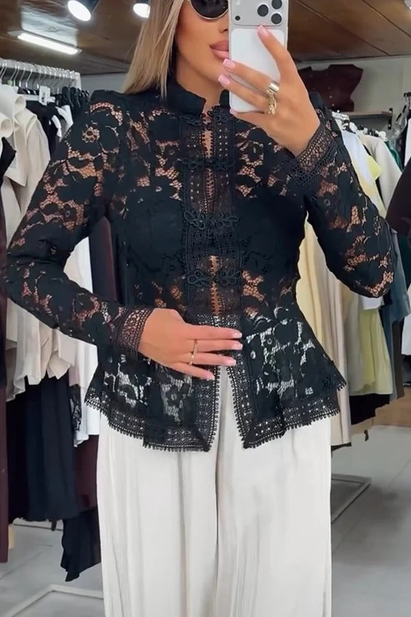 Maris Lace Stand Collar Checkerboard Buttons Long Sleeve Flare Hem Jacket