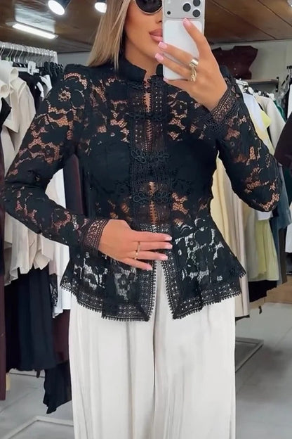 Maris Lace Stand Collar Checkerboard Buttons Long Sleeve Flare Hem Jacket