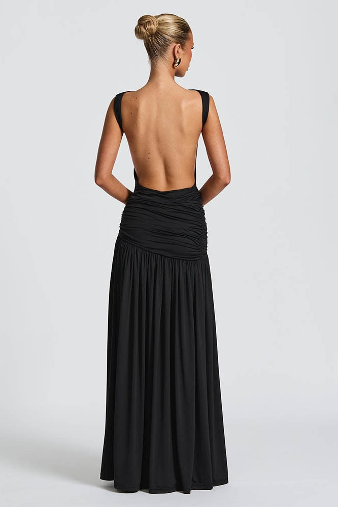 Solid Sleeveless Backless Ruched Waist Slit Formal Dress