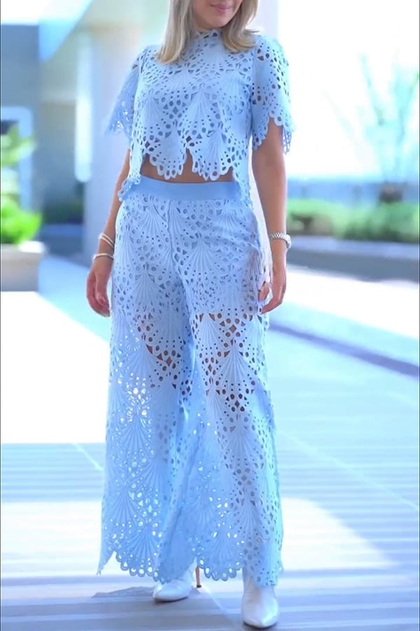 Eliose Scallop Cutout Embroidery Lace Elastic Waist Pocket Loose Pants