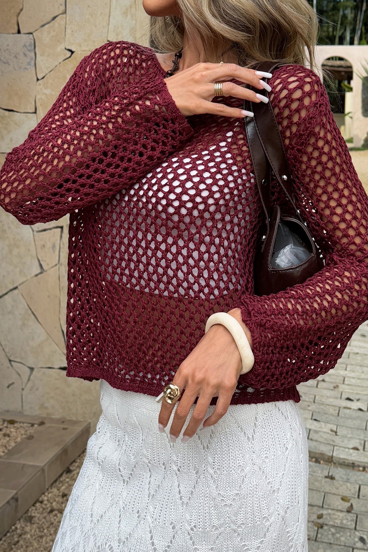 Long Sleeve Hollow Out Vacation Cover Up