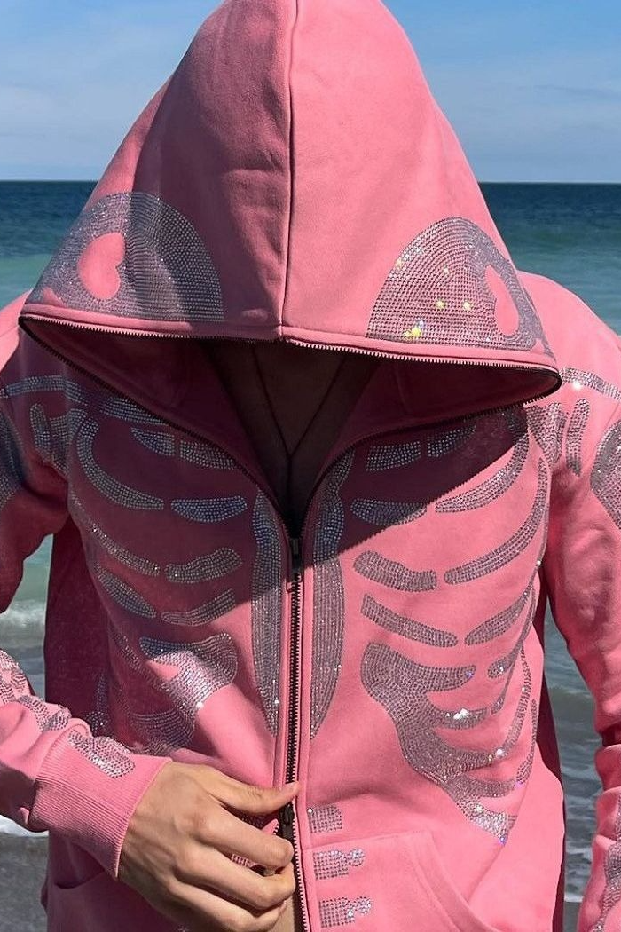 Y2K Gothic Rhinestone Skull Zip Unisex Hoodie