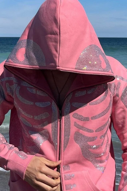 Y2K Gothic Rhinestone Skull Zip Unisex Hoodie