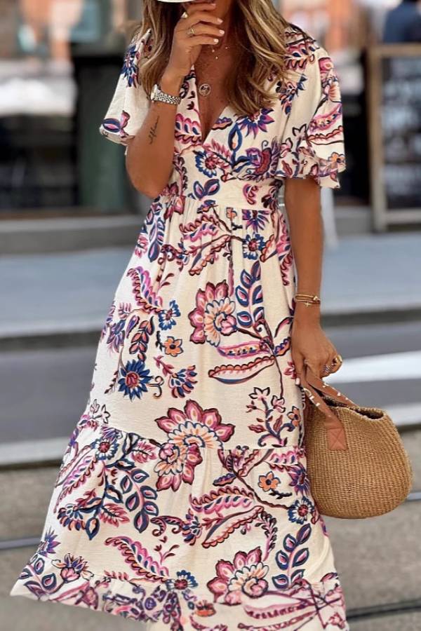 Pink and Purple Floral Print V-Neck Puff Sleeve Waist-Defining A-Line Cotton Linen Maxi Dress