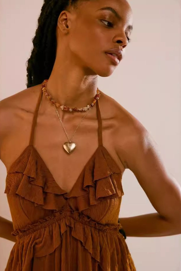 Solid Color V Neck Backless Strappy Boho Dress