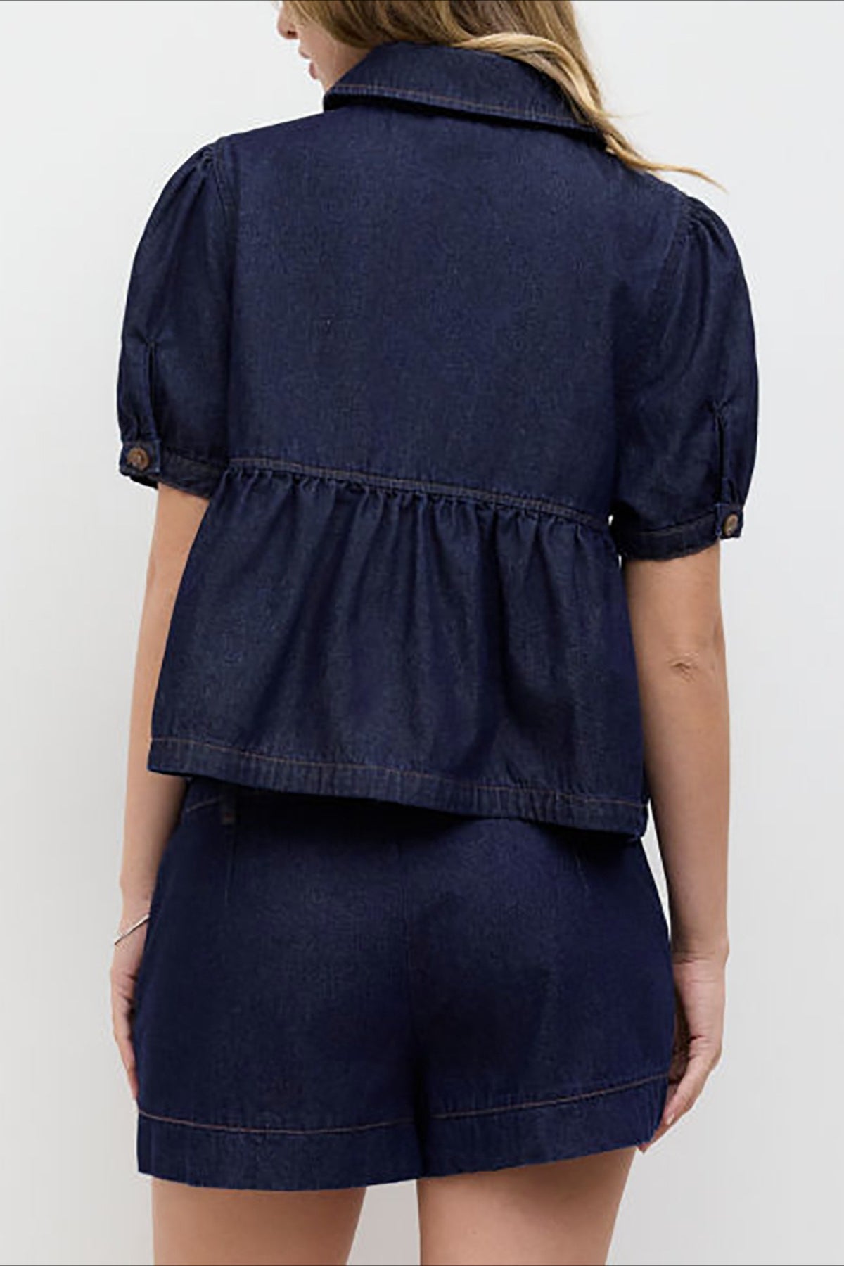Puff Sleeve Denim Top Low Rise Shorts Set