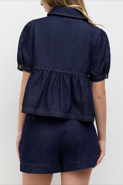 Puff Sleeve Denim Top Low Rise Shorts Set