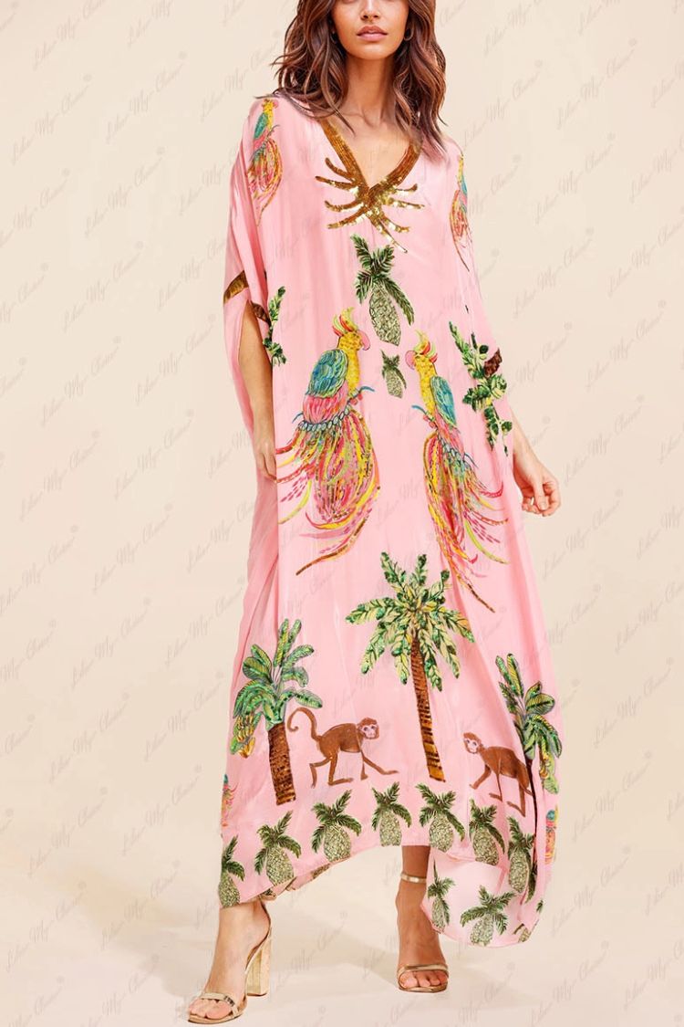 Unique Drop Shoulder Sleeve Coconut Tree Printed Dress