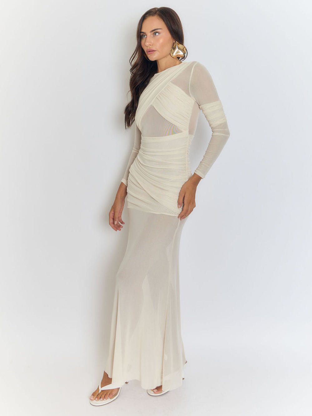 Beige Mesh Crew Neck Crossover Wrap Ruched Long Sleeve Sheer Column Maxi Dress
