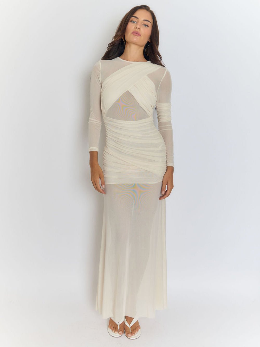Beige Mesh Crew Neck Crossover Wrap Ruched Long Sleeve Sheer Column Maxi Dress