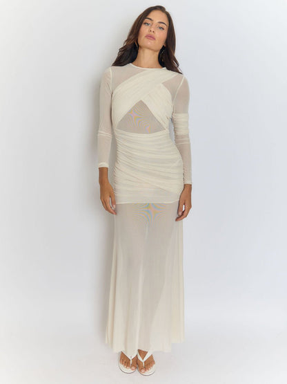 Beige Mesh Crew Neck Crossover Wrap Ruched Long Sleeve Sheer Column Maxi Dress