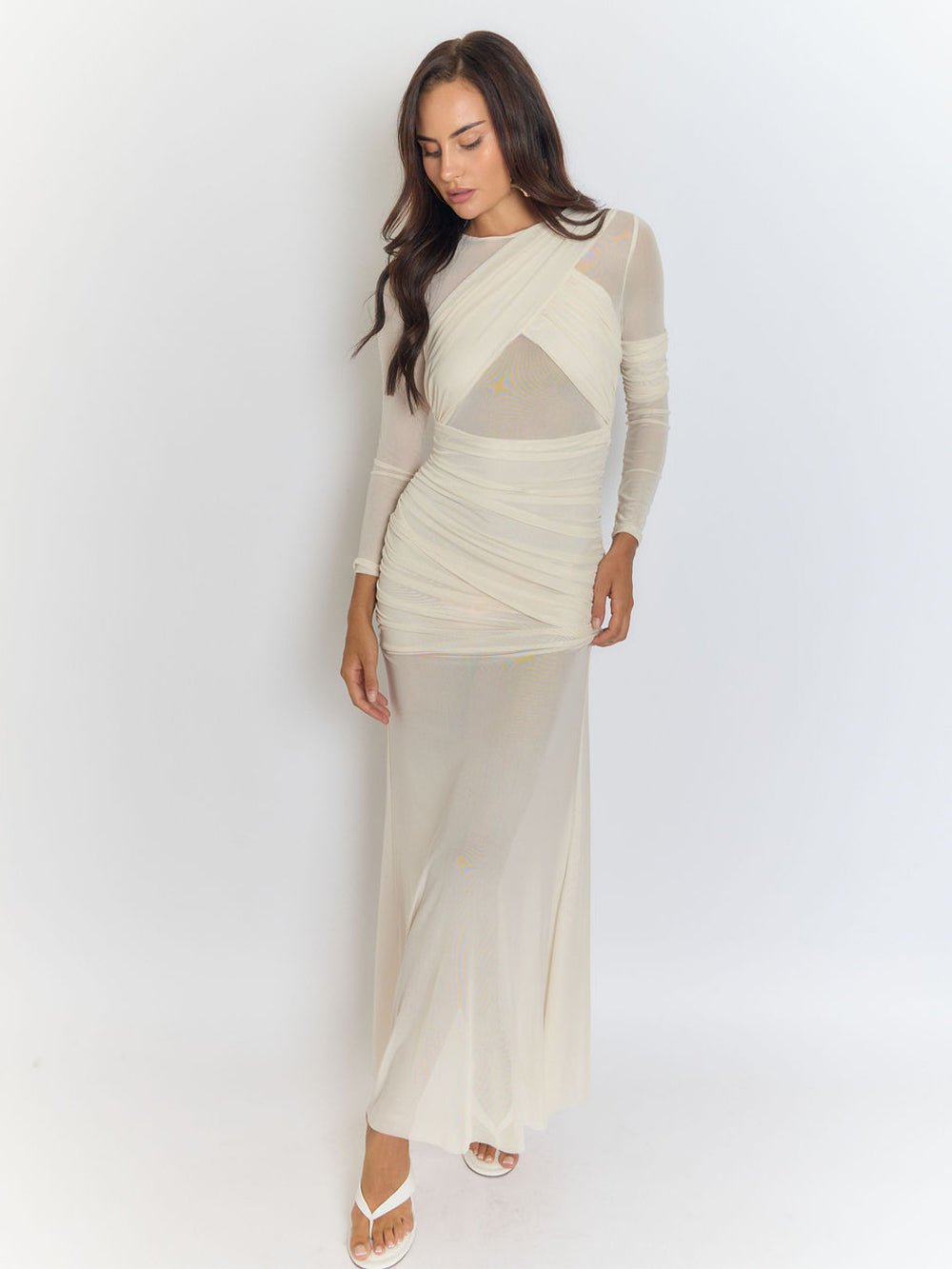 Beige Mesh Crew Neck Crossover Wrap Ruched Long Sleeve Sheer Column Maxi Dress