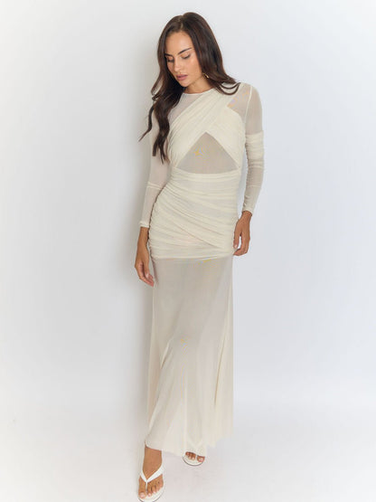 Beige Mesh Crew Neck Crossover Wrap Ruched Long Sleeve Sheer Column Maxi Dress
