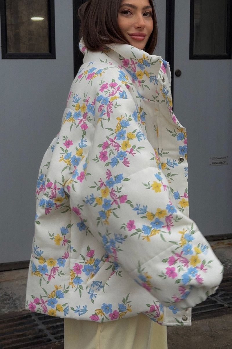 Printed Quilted Stand Collar Coat