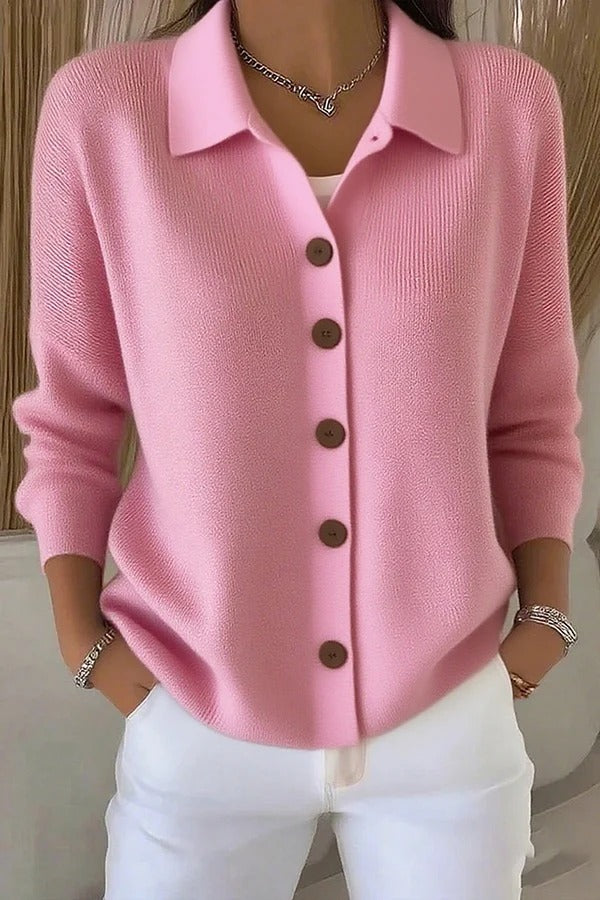 Casual Stylish Knit Solid Color Shirt Neck Button Up Long Sleeve Cardigan