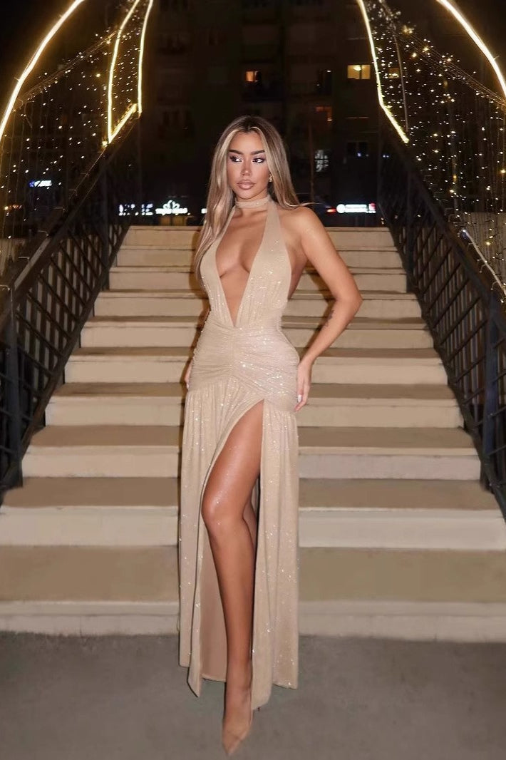 Sleeveless Backless Deep V Sequin Slit Formal Dress