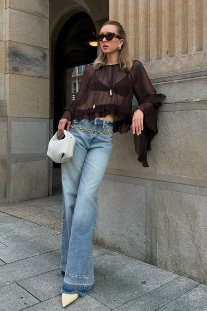 Flared Sleeve Chiffon Ruffle Detail Blouse