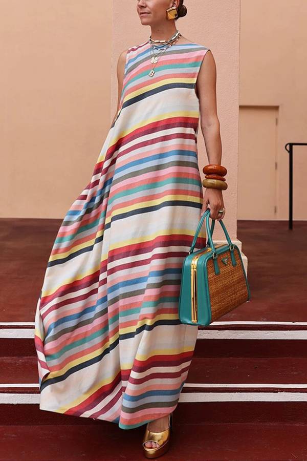 Sleeveless Crew Neck Multicolor Horizontal Stripe Loose Straight Maxi Vacation Dress