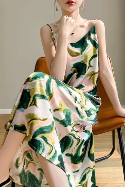 Satin Floral Print Spaghetti Strap Cami Slip Midi Dress