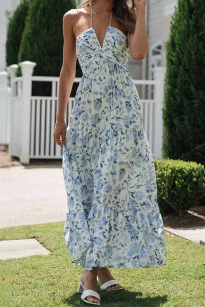 Multi-Color Floral Halter Backless Tiered Maxi Dress