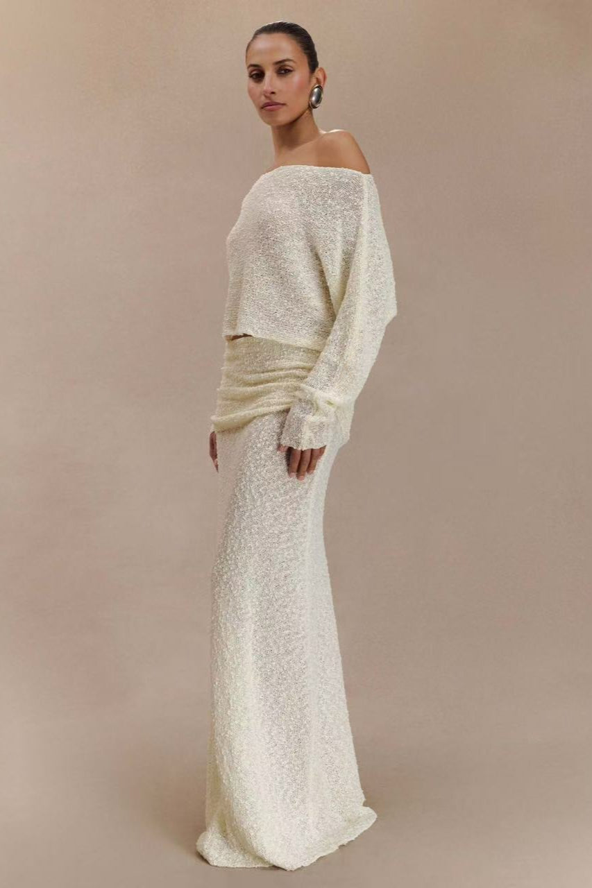 Ribbed Knit Off Shoulder Maxi Skirt Set